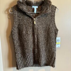 Charter Club Women's Faux Fur Sweater Vest Med Pet Brown Silver Glitter Full Zip
